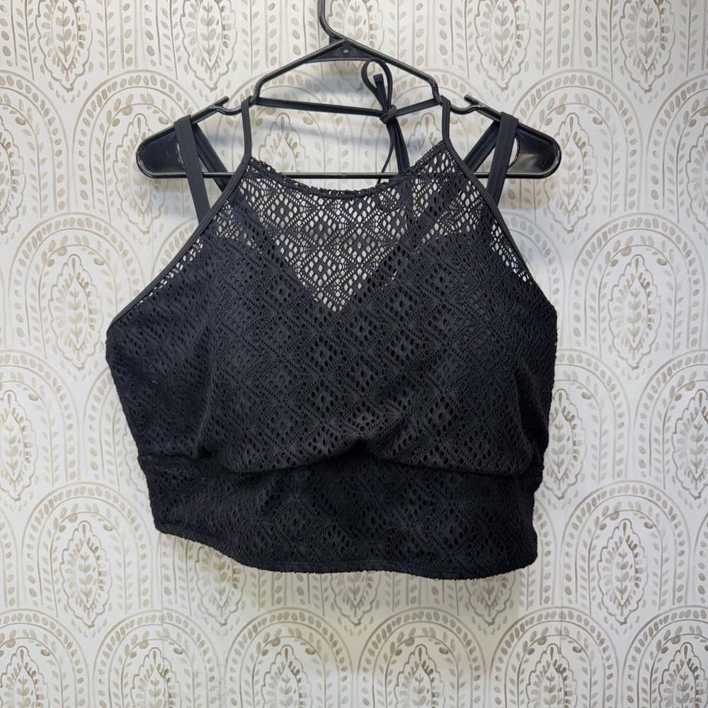 Torrid Swim Top Womens 4 Black Crochet Lace High Neck Padded Strappy Bikini Tank